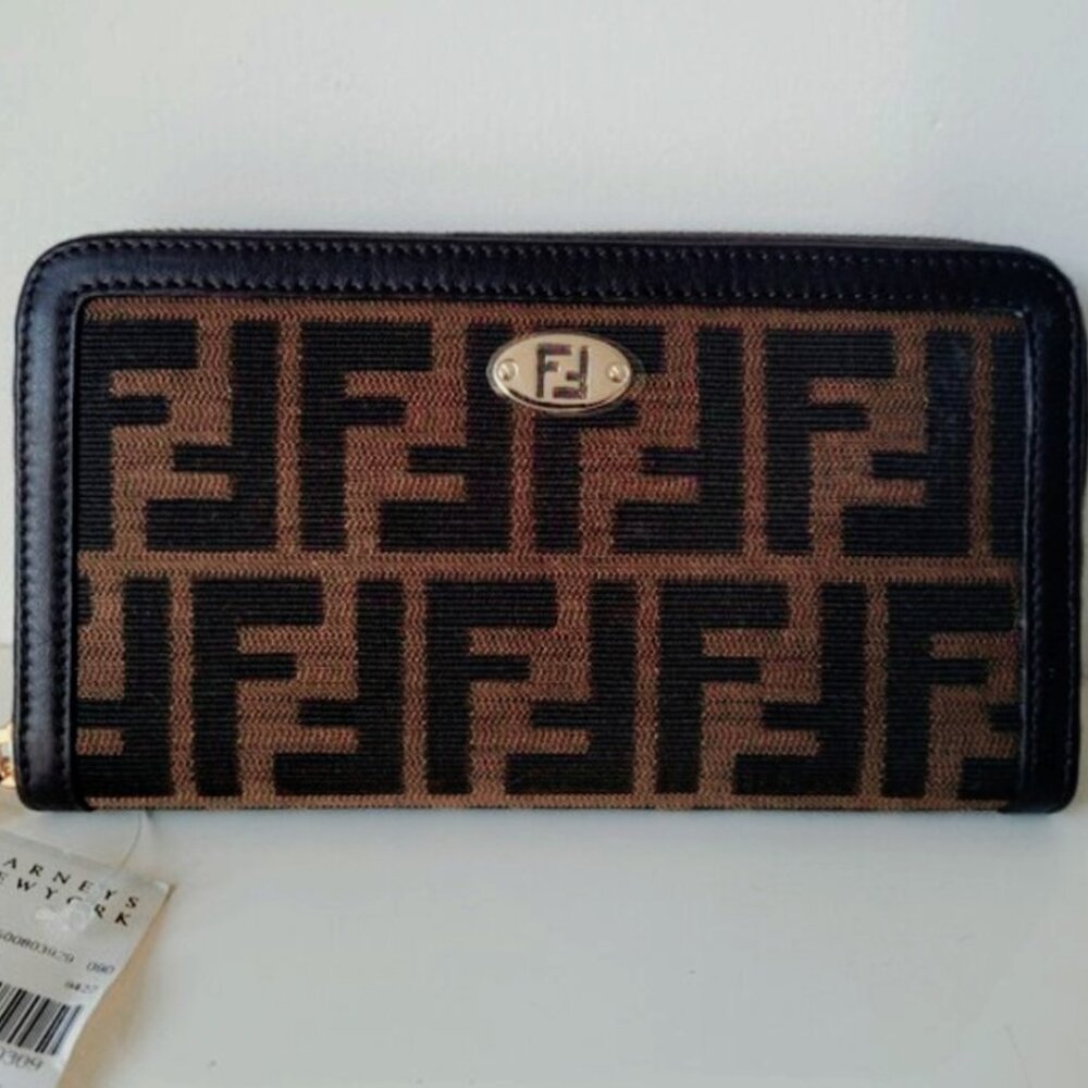 FENDI Tobacco Zucca Canvas Zip Around Wallet